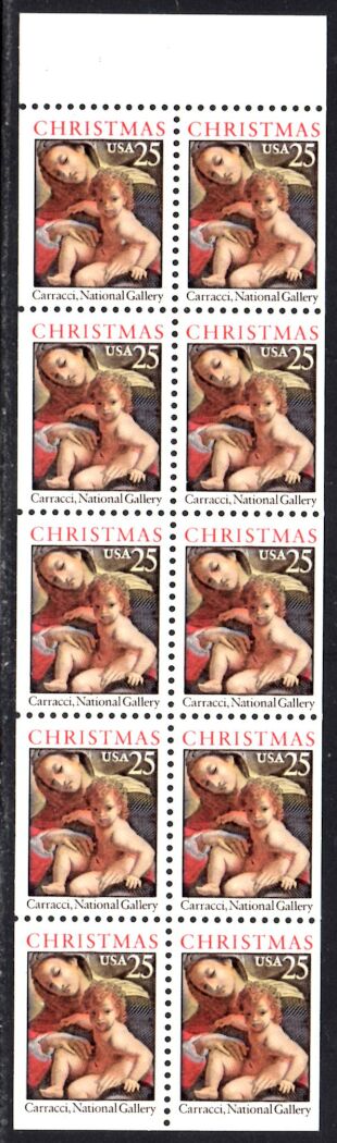 US Stamp #2427a – Christmas Madonna – UNFOLDED/UNBOUND Booklet Pane of 10