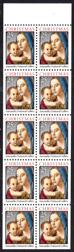 US Stamp #2514a – Christmas Madonna – UNFOLDED/UNBOUND Booklet Pane of 10