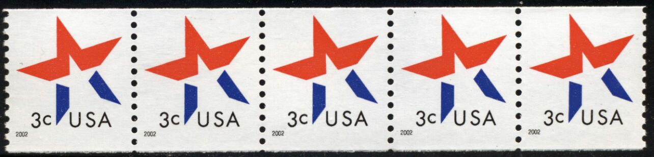 US Stamp #3615 MNH – 3 Cent Star – Coil Strip of 5