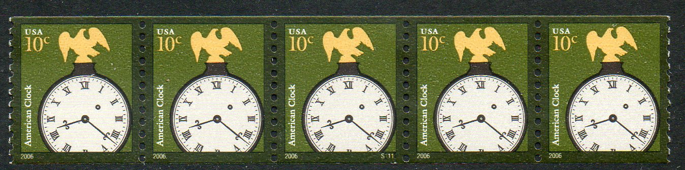 US Stamp #3762 MNH – Clock – Coil Strip of 5 w/ Back Number