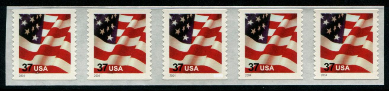US Stamp #3632C MNH US Flag Coil Strip of 5 w/ Back Number