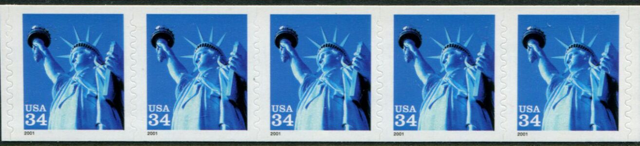 US Stamp #3477 MNH Statue of Liberty PS5 #1111 Coil Strip of 5