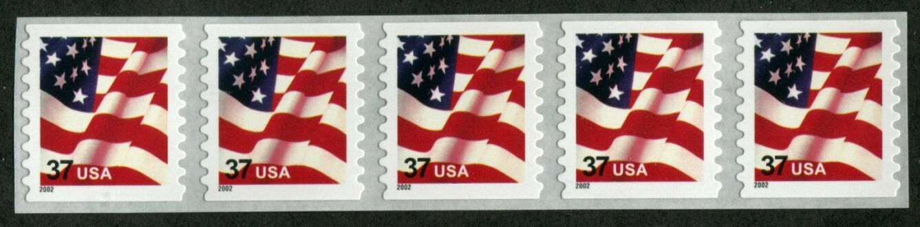 US Stamp #3633 MNH US Flag Coil Strip of 5 w/ Back Number