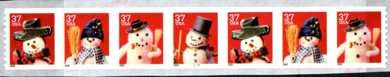 US Stamp #3683a MNH Snowmen PS7 #G1111 Coil Strip of 7