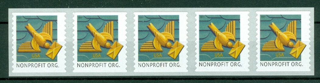 US Stamp #4495 MNH Art Deco Bird Coil Strip of 5 w/ Bk Nmbr