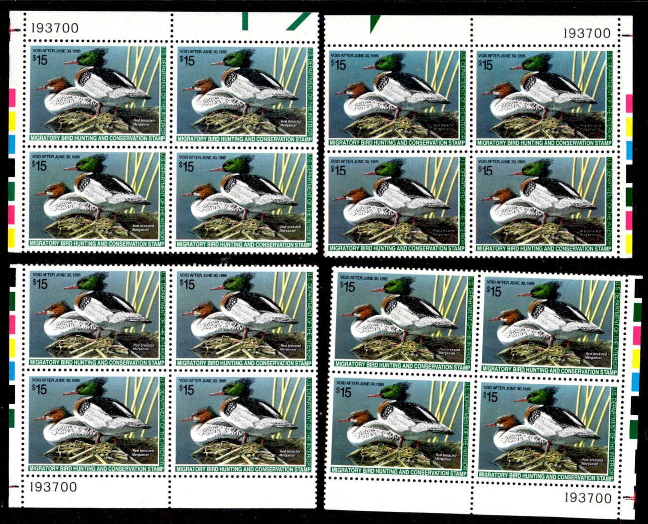 US Scott #RW61 MNH Red-breasted Mergansers Matched Set of Plate Blocks of 4